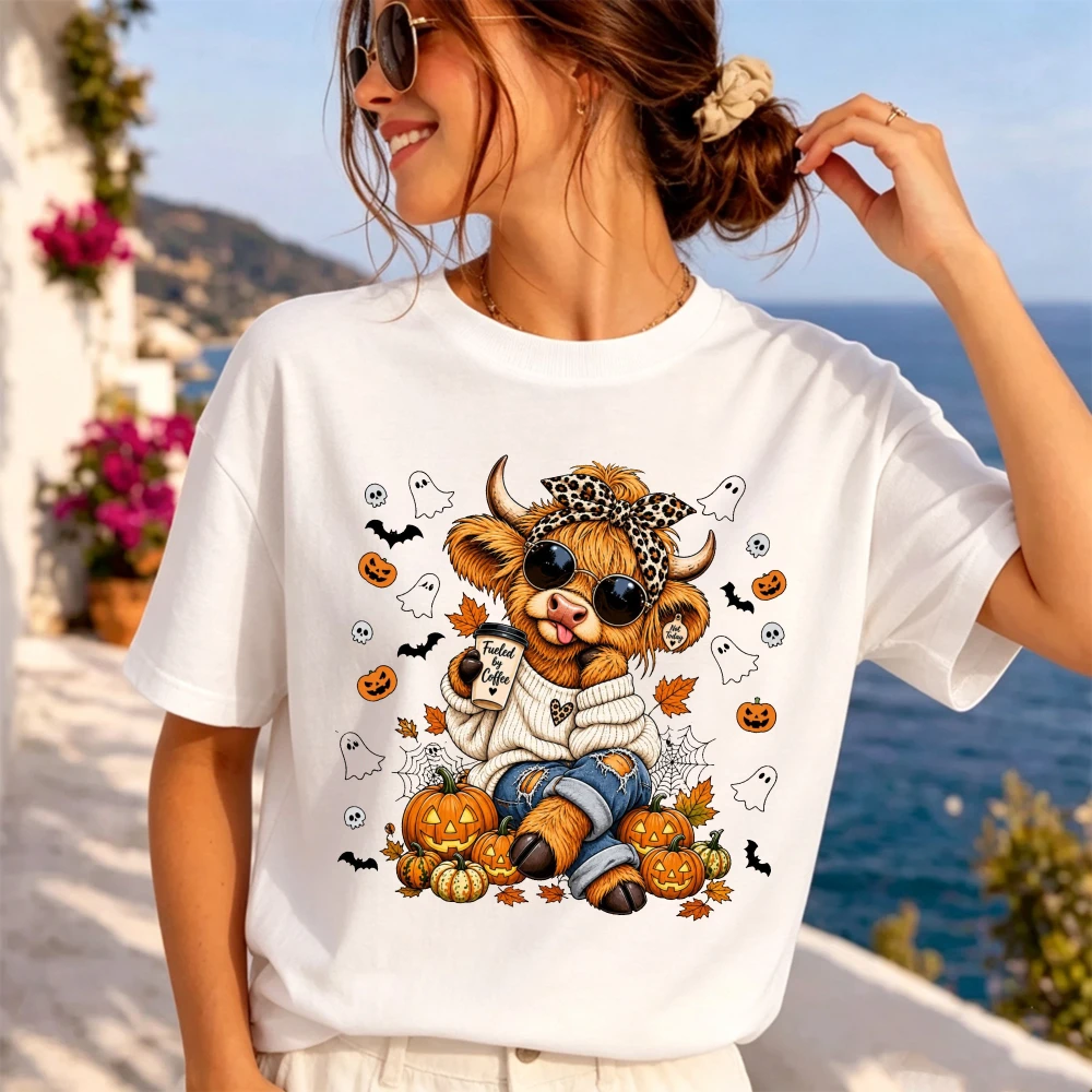 Highland Cow Halloween Coffee Graphic T Shirt Women Cute Pumpkin Ghost Print Tops Casual Short Sleeve autumn Streetwear Y2K