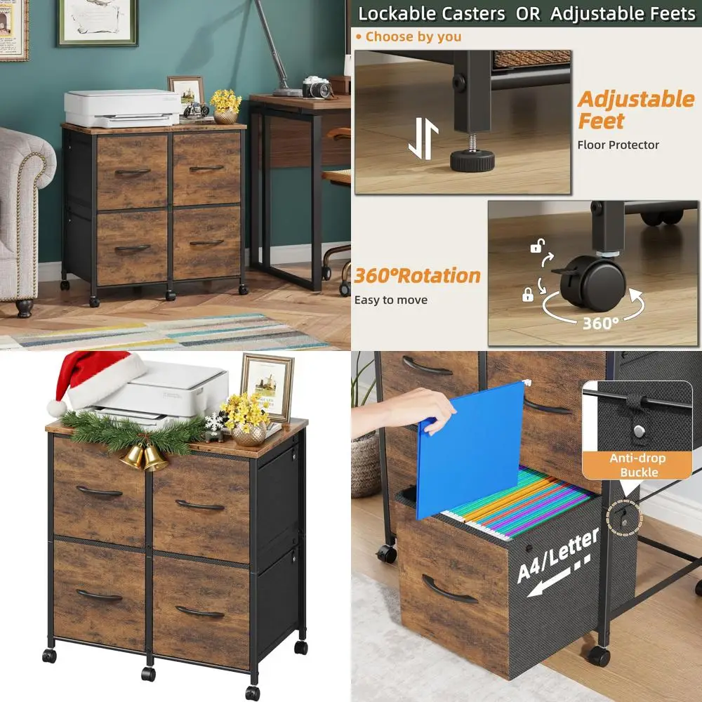 خزانة ملفات بنية ريفية محمولة مع حامل طابعة، مثالية لتخزين المنزل والمكاتب الصغيرة، تحمل حجم الرسالة/A4