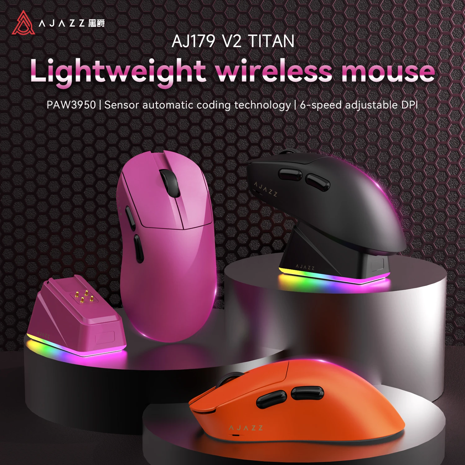 

AJAZZ AJ179 V2 TITAN PAW3950 Беспроводная игровая мышь 3000 точек на дюйм Эргономичная мышь для правой руки с магнитной зарядной базой RGB