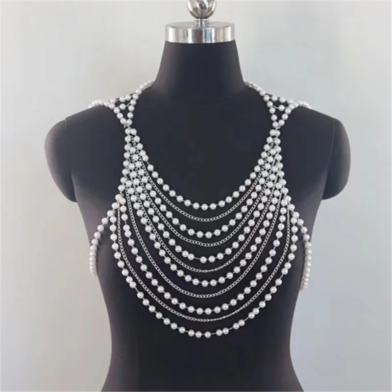 Fashion Personality Metal Pearl Breast Vest Chain European Trend Pearl Body Chain for Women Free Shipping