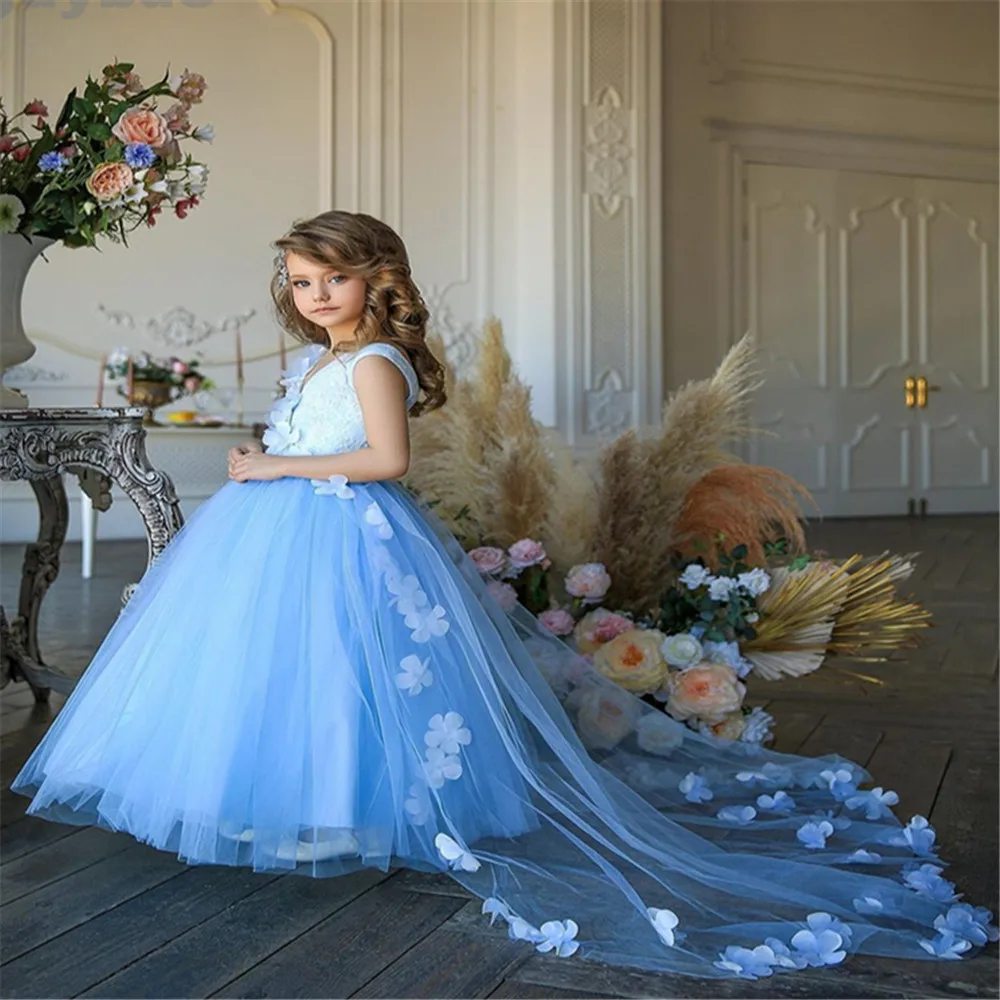 

3d Applique Flower Girl Dress For Kids Blue Puffy Tulle V-neck Sleevless Ball Gown Wedding Party Pageant Bridesmaid Dresses