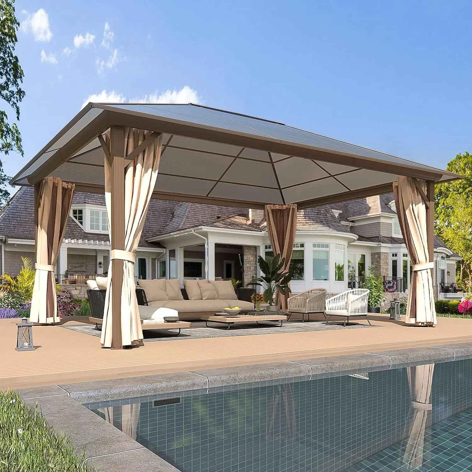 

12' x 16' Gazebo Single Polycarbonate Roof Canopy Outdoor Aluminum Frame Permanent Pergolas with Netting and Curtains