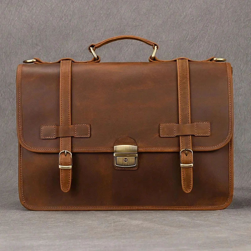 Luxury Designer Mans Male Genuine Business Brown Leather Briefcase Bag For Laptop Notebooks