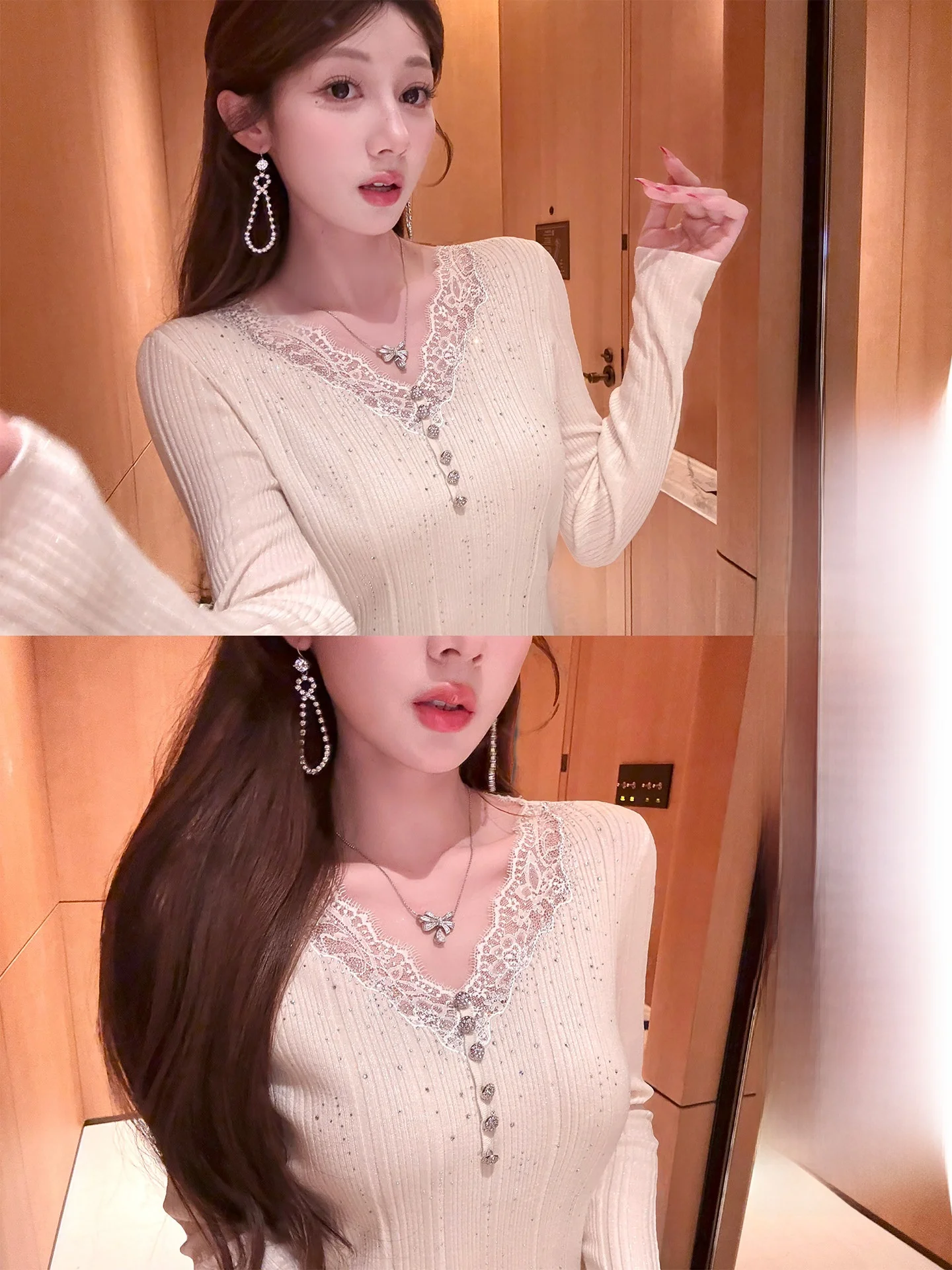 

nai Quali Lace Embroidered Knitwear Women's Slim Fit Wool Sweater Spring New Sle Casual Sle V-Ne Long Sve