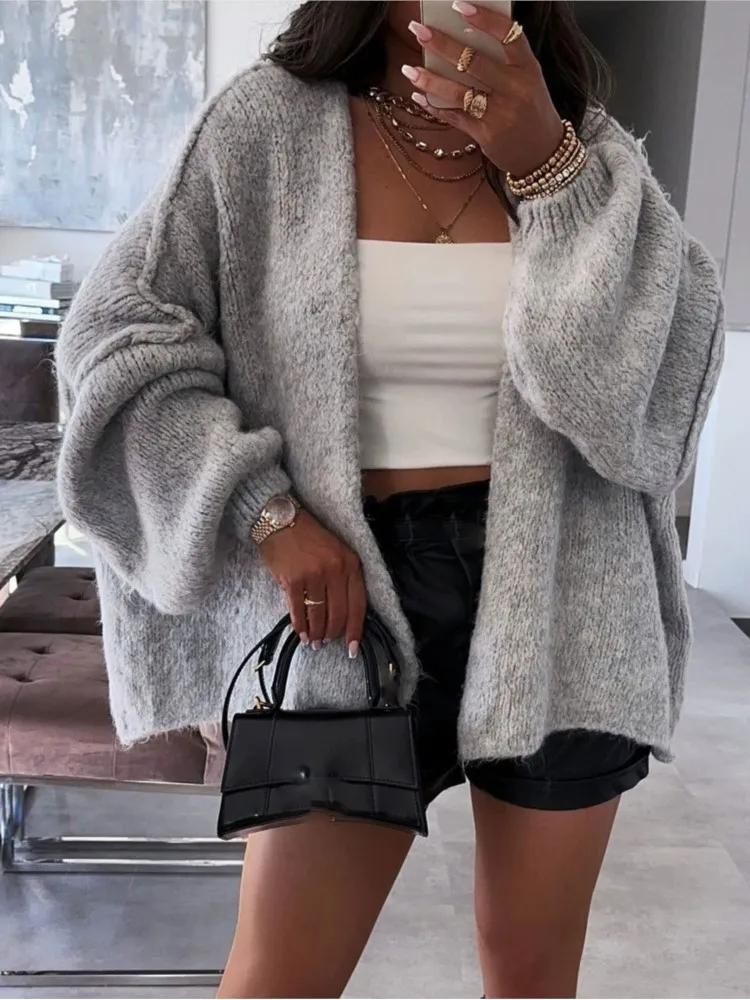 Mode solide tricot pull manteau pour femmes décontracté à manches longues col en V pulls amples dame vacances femmes vêtements automne hiver