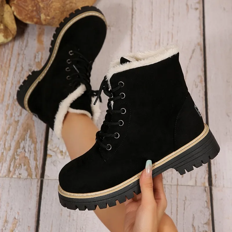 Plus Size Women's Short Thigh Boots Thickened Warm Winter Lace-Up Kitten Heel Block Heel Shoes