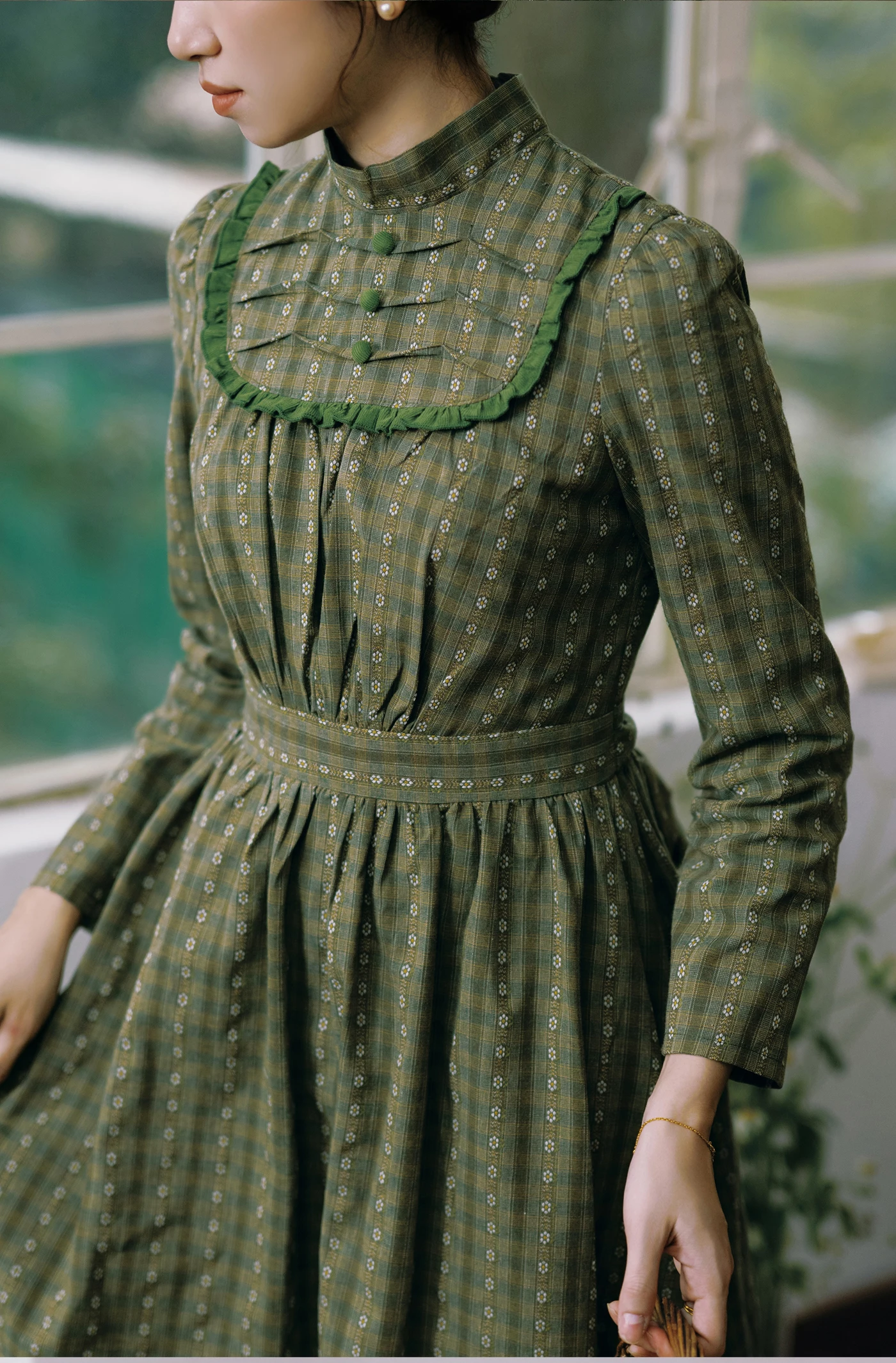 86-98cmBust SpringFall Green Maxi Dress Women Vintage Rustic Style ElegantSlim High Collar Floral Print Striped LongSleeve Dress