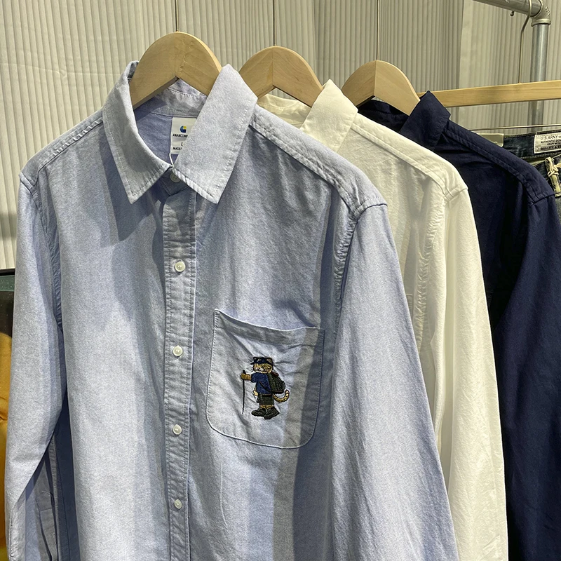 

Japanese Style Long Sleeve Embroidered Bear Cotton Shirt Loose Fit Casual Versatile Men's Spring Autumn Oxford Cloth Jacket