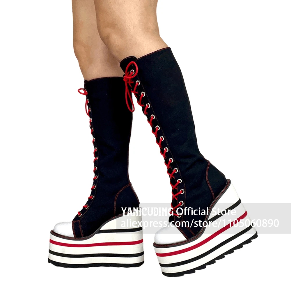 Skeleton Embroidered Canvas Wedge Boots Black Red and White Striped Wedge Heel Platform Knee-High Boots Lace-Up Cosplay Boots image 6