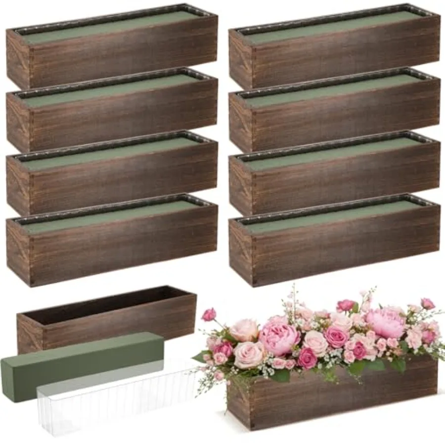 

Набор из 8 прямоугольных деревянных кашпо 17 x 4 дюйма, деревянные ящики с съемными пластиковыми вкладышами, блоки флористической пены, деревянные кашпо в деревенском стиле для