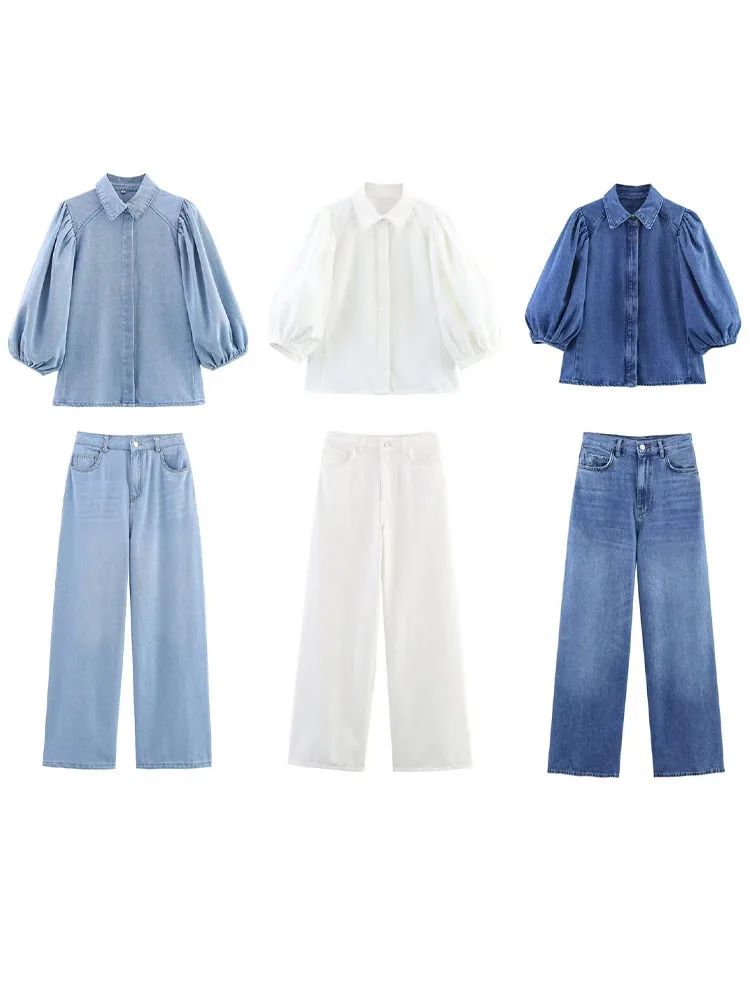 HH Traje de pantalones vaqueros lisos para mujer, camisas holgadas con solapa y un solo pecho + pantalón de pierna ancha con bolsillo lateral de cintura alta y cremallera, 3 colores