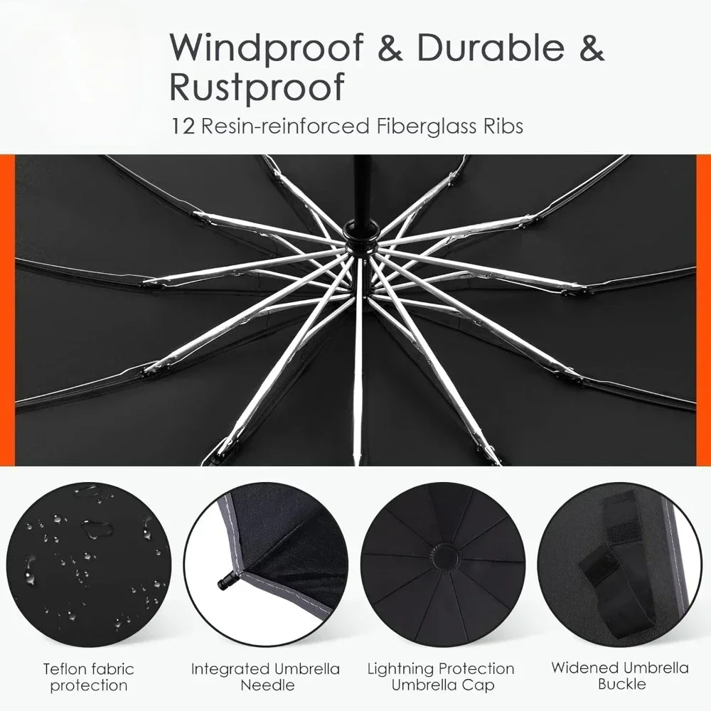 46 بوصة مقاومة للرياح للمطر والشمس، عكس مدمج مع شريط عاكس، مطلية بالتفلون للنساء والرجال، قابلة للطي مع حقيبة غطاء