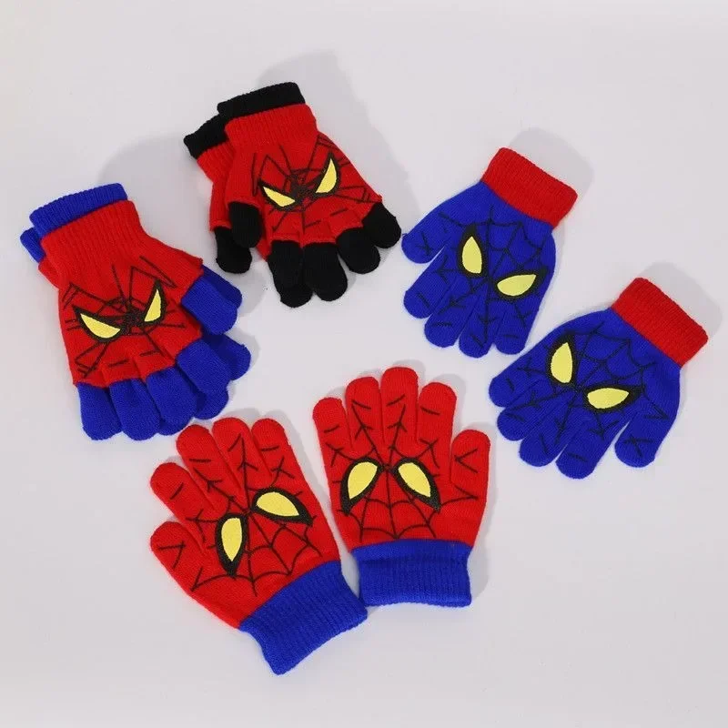 Marvel Spiderman baby children's gloves warm personalized half-finger 3-6-9 years old autumn and winter five-finger knitted