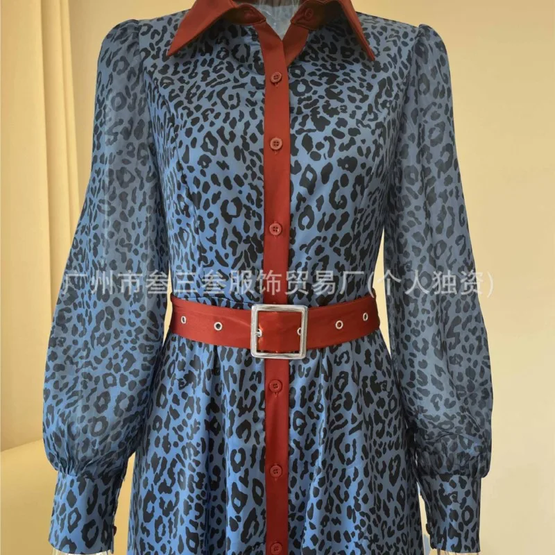 Robe chemise imprimée léopard bleu pour femmes, manches longues transparentes, col contrasté, ceinturée, robe mi-longue élégante, robe de soirée au bureau, automne