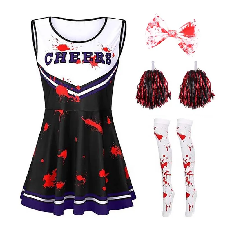 Disfraz de Animadora con Manchas de Sangre para Halloween, Conjunto de Vestido sin Mangas con Lazo para el Cabello, Pompones y Calcetines, Atuendo para Fiestas de Terror