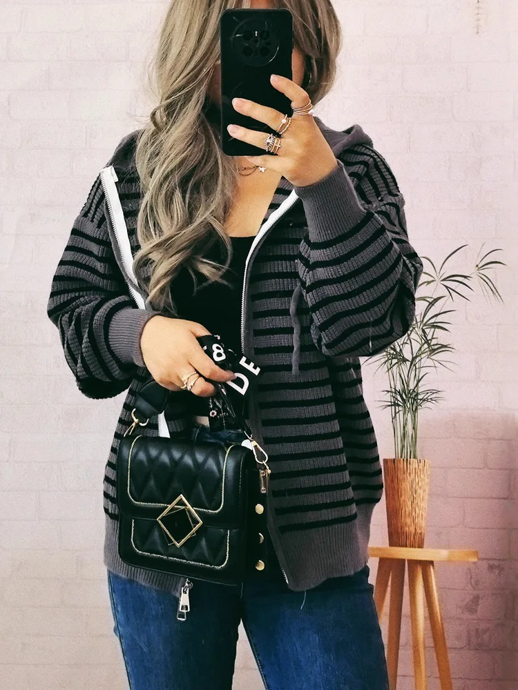 

Осень-зима, полосатый вязаный кардиган с капюшоном на молнии, женский модный повседневный свитер 2025 года, куртки