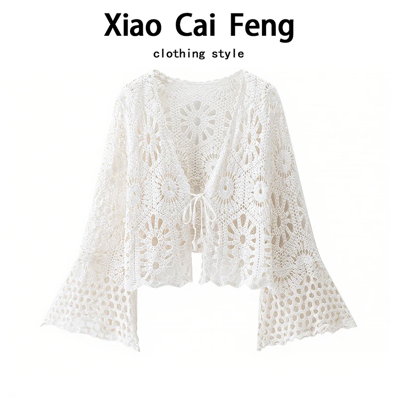 

Loose Knitted Open Cardigan Women's Spring Summer New Style Thin Hollow out Bell Sleeve Outerwear Top Trendy V Neck Belted