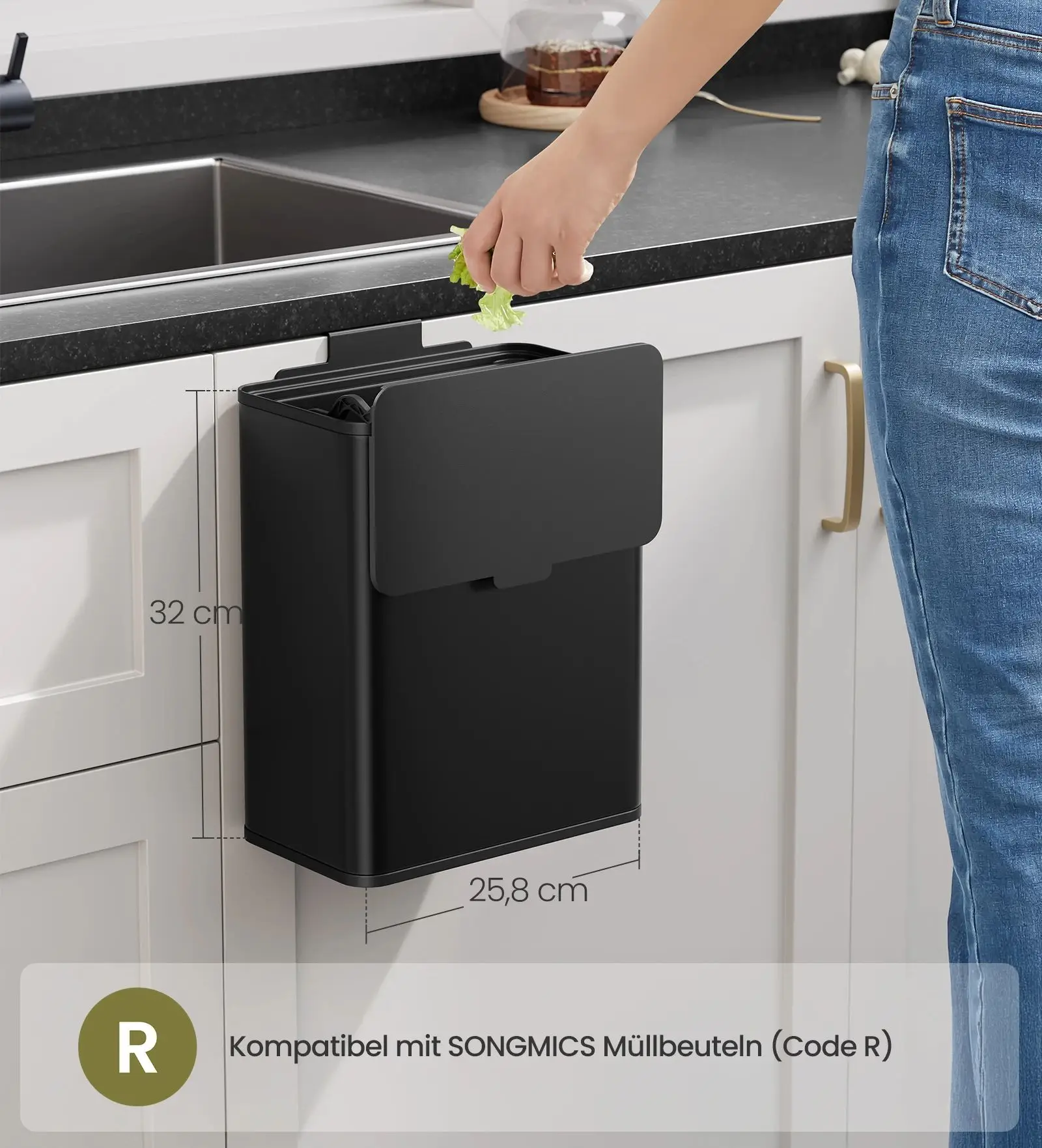 SONGMICS Mülleimer hängend, 8 L Stahl-Abfalleimer mit Deckel für Biomüll, an der Schranktür oder Wand, mit Haken, schwarz