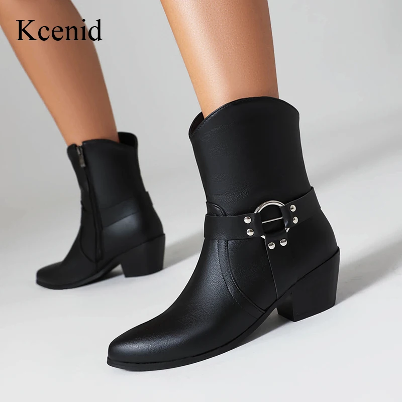 

Kcenid 2024 Fashion Women Ankle Boots Vintage High Heel Round Toe Zip Metal Decoration Western Daily Female Boots Plus Size 48