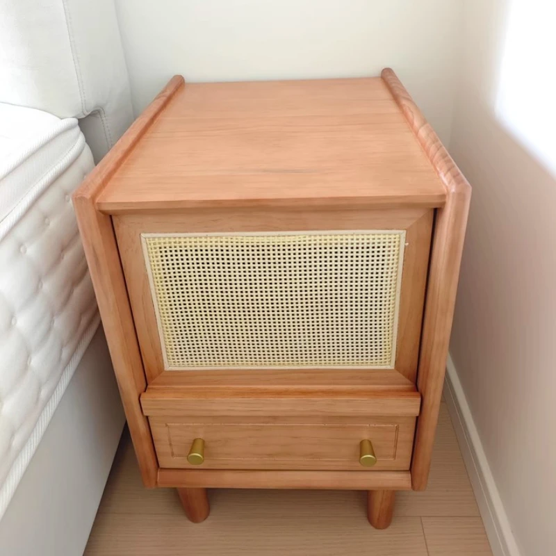 Nordic Solid Wood Nightstand Multifunctional Woven Rattan Bedside Table Minimalist Storage Cabinet with Drawer Sofa Side Tables