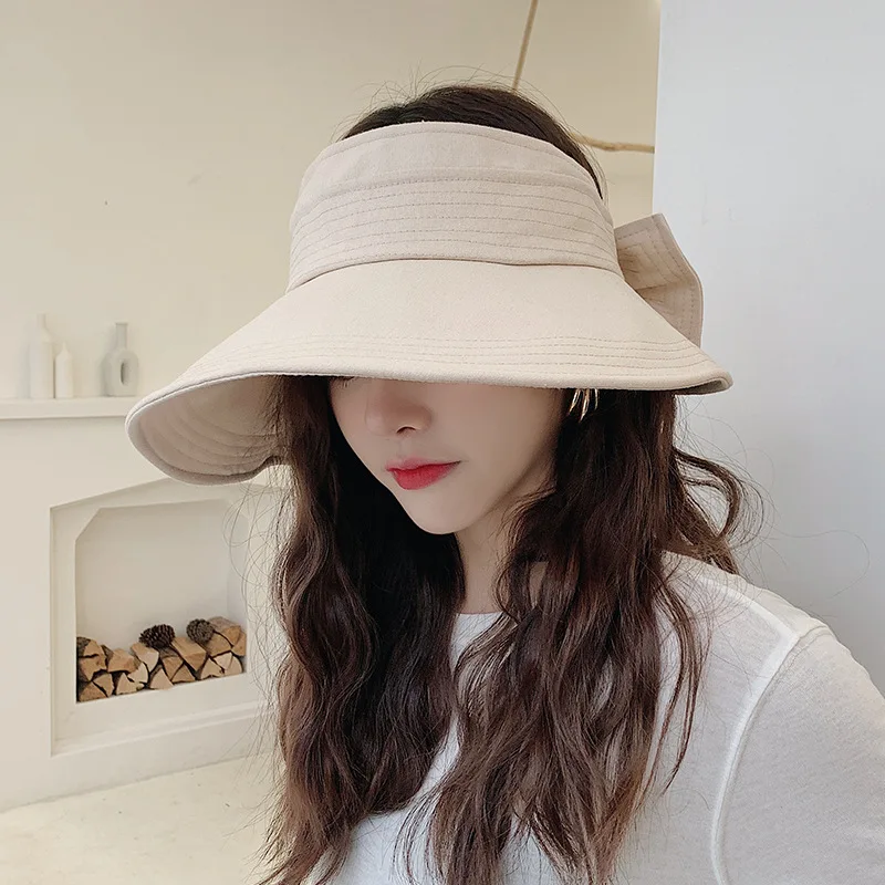 100% Cotton Womens Wide Brim Sun Visor Hat Uv Protection Bowknot Summer Outdoor Travel Beach Casual Sunscreen Cap Four Colors