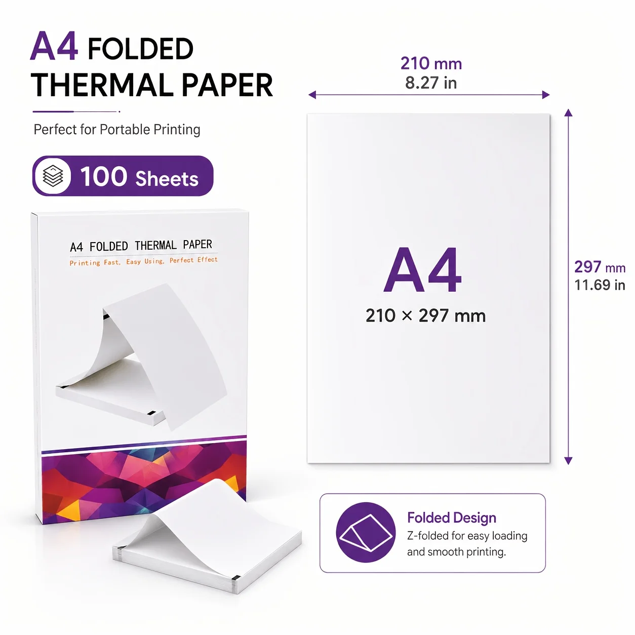 A4 Fanfold Thermal Paper Sheet Inkless Smooth Printing Compatible for Portable Thermal Printer Office Contract Tag