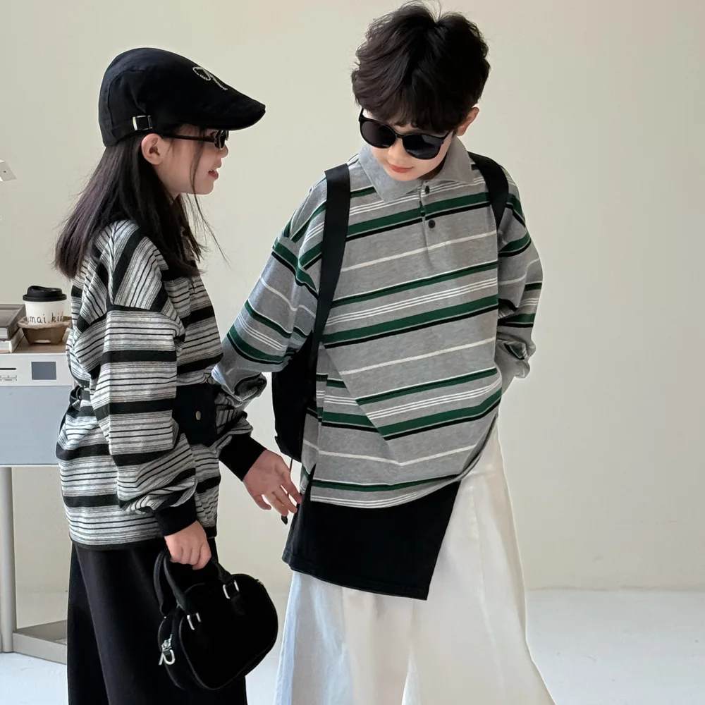 

Children's Shirt 2025 Autumn Boys and Girls Korean Striped Loose Top Children's Flip Collar Casual Long Sleeve Bottom Shirt