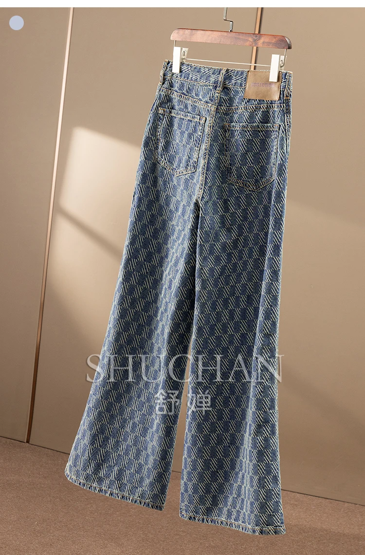 Early Autumn Ndustry Rhombus Jacquard High Waist Straight Pull Jeans Women's 83A1  Blue Jeans for Women