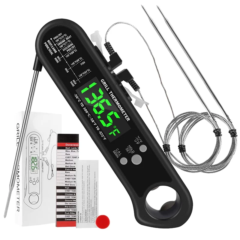 3 in 1 Digital Meat Thermometer, Instant Read Food Thermometer with 2 Detachable Wired Probe,Calibration, Alarm Function