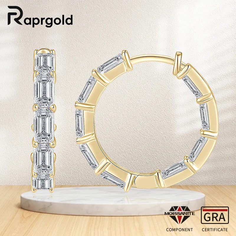 

RAPRGOLD Emerald Cut Moissanite Single Row Inside Out Hoop Earrings for Women 925 Sterling Silver Fine Jewelry Gifts Pendientes