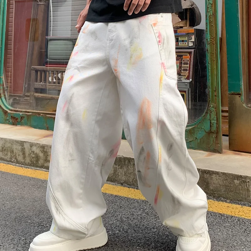 Pantalones vaqueros pintados con grafiti para hombre, pantalón holgado de estilo hip hop, moda urbana, pierna ancha recta, blanco con personalidad