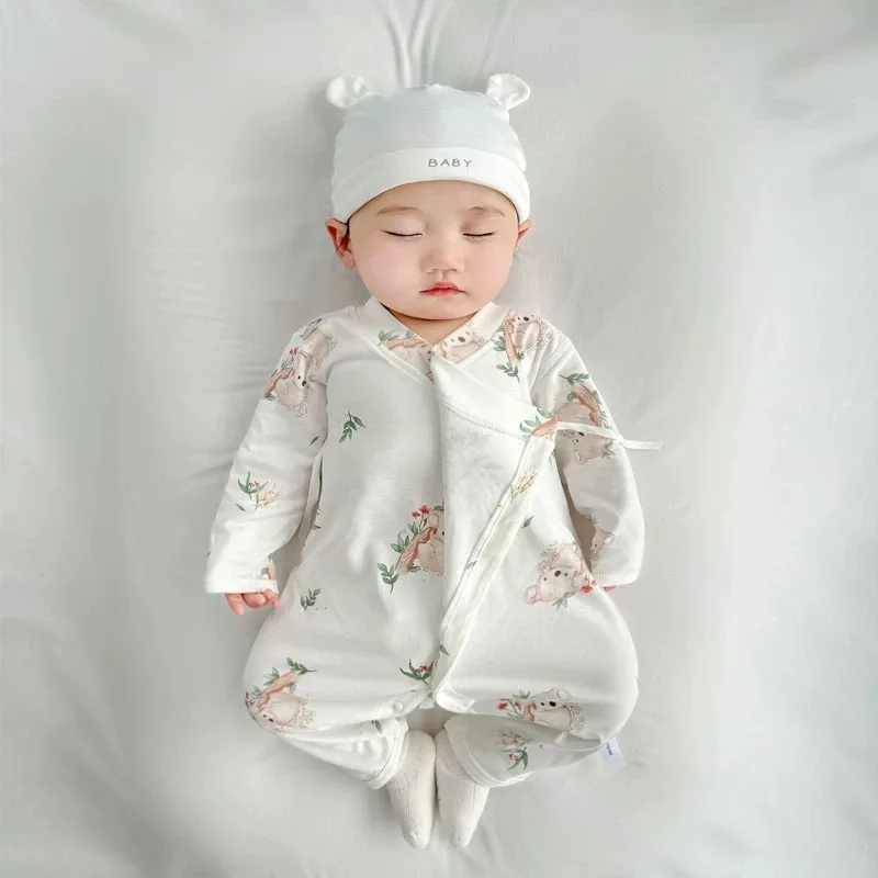 Somenie Class‑A Seam‑Free Pure Cotton Baby Romper, Autumn Long‑sleeve Wrap‑Up Homewear for Newborn Boys Girls