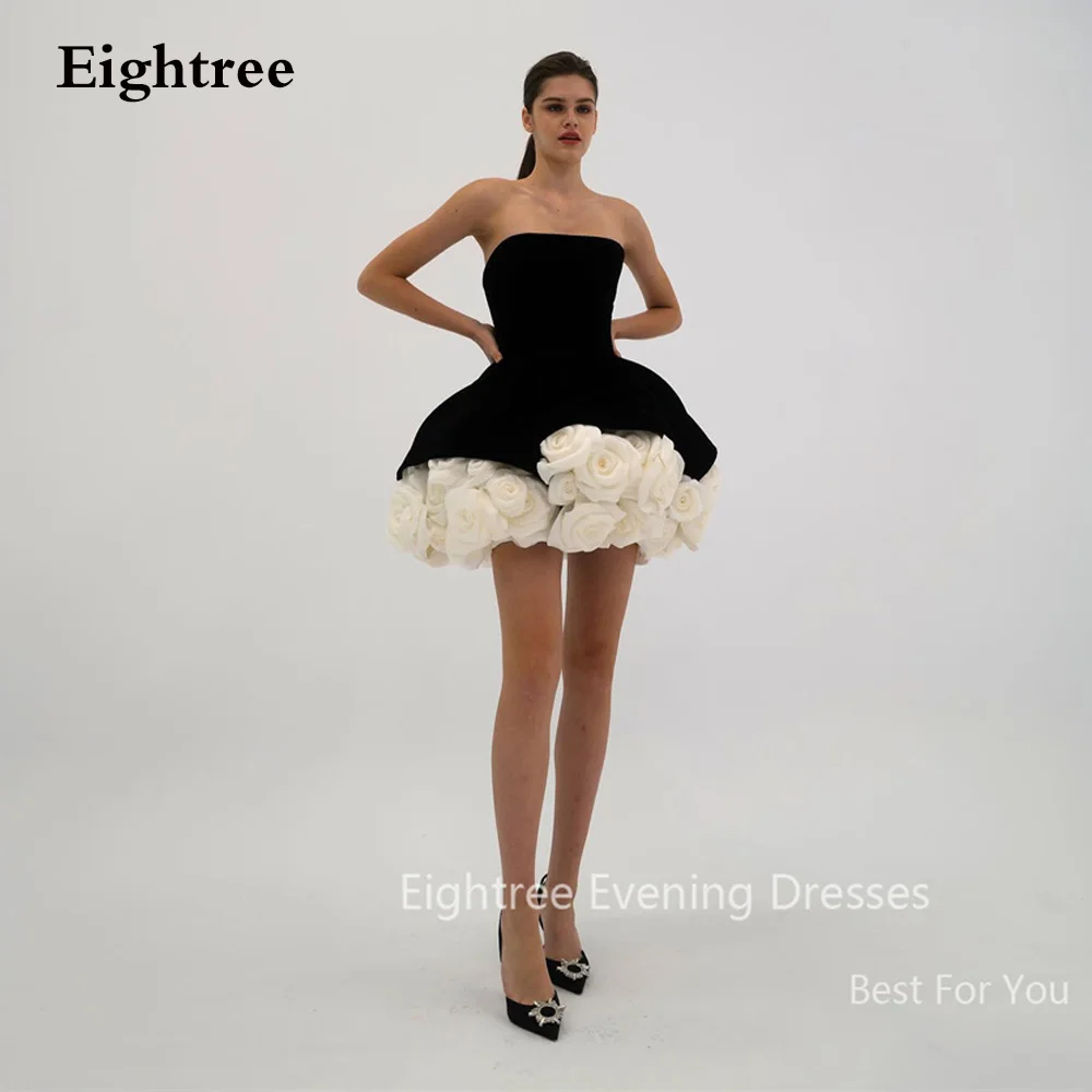 Eightree Black/White Ball Gowns Short Prom Dresses Velvet And Organza 3D Flowers Mini Tutu Fluffy Party Evening Gowns Graduation