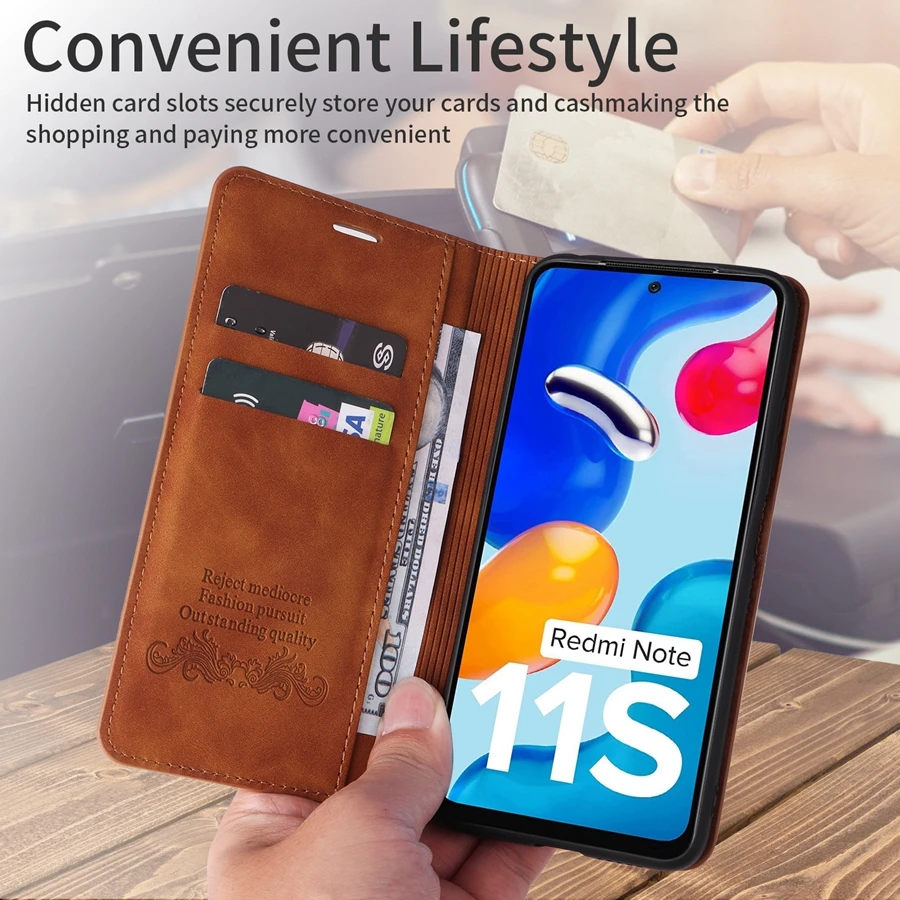 Skórzane etui z klapką dla Xiaomi Redmi 10, 10C, 9A, 9C, 9T, Note 11, 11S, 11 Pro, 10S, 9, 8 Pro, Mi Poco, F3, X3, X4, Pro, 11i, 11T — zdjęcie 3