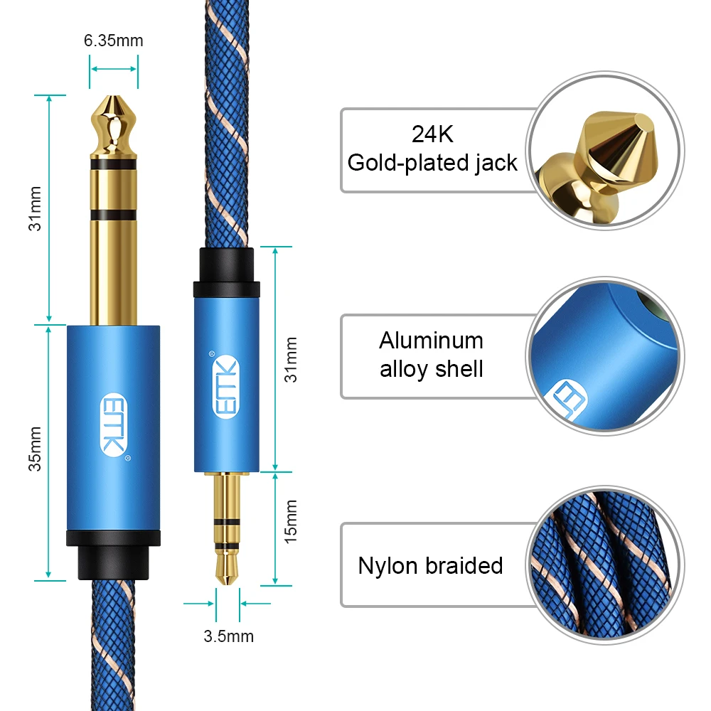 EMK Cavo audio stereo maschio da 6,35 mm 1/4 a AUX 3,5 mm Cavo jack AUX da 3,5 mm Cavo per auricolari per smartphone, laptop, chitarra, altoparlante