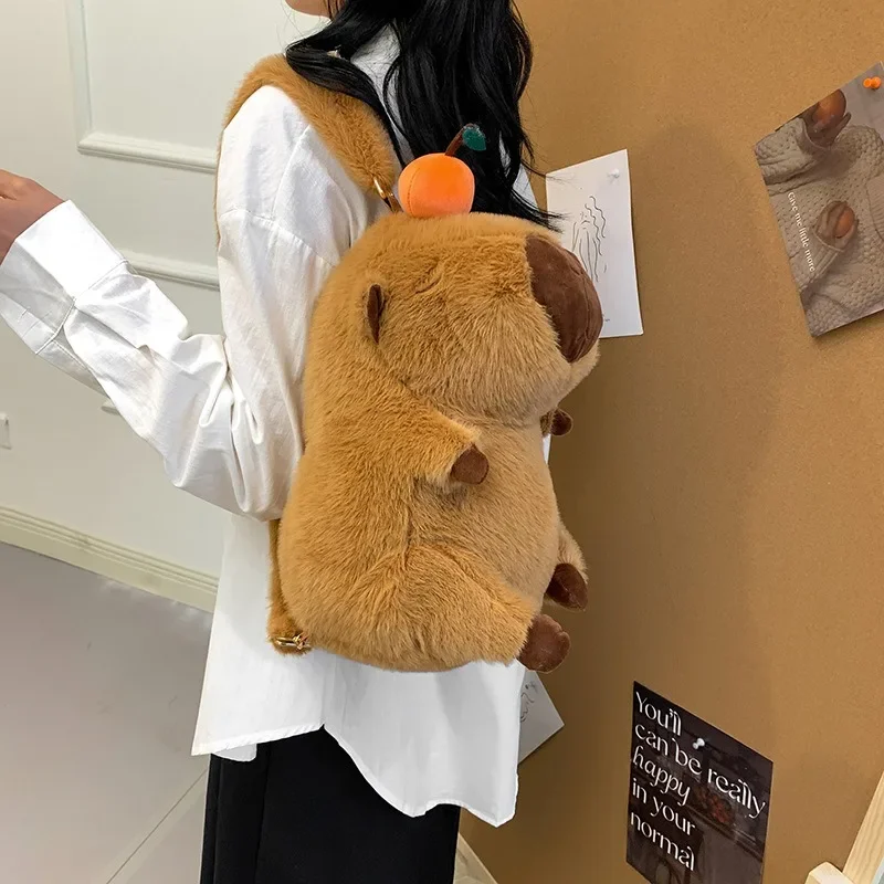 Capybara Plush Schoolbag Cartoon Fun Orange Capybara Doll Shoulder Bag Ugly Cute Doll Large Capacity Baby Doll Backpack New 2024