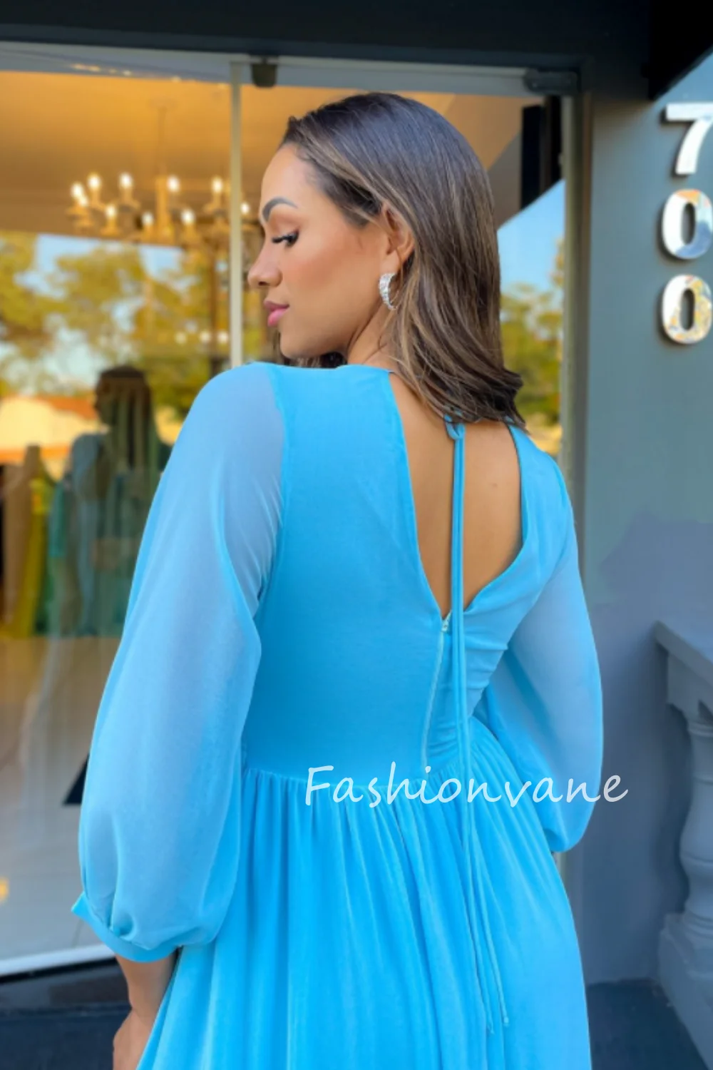 Fashionvane 2024 Customized A-Line V Neck Long Sleeves Chiffon Pleated Floor Length Prom Dress Evening Dress Formal Dress