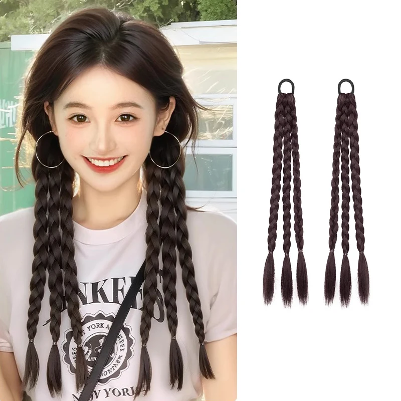 

Straight hair synthetic boxing braided ponytail wig woman cute double ponytail hair braid low tie hair loop ponytail