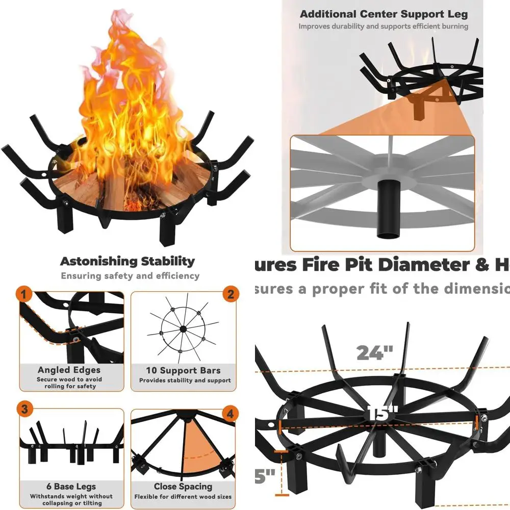 

24-дюймовая сверхмощная круглая решетка для костра с 10 стержнями для камина, дровяной печи и наружных камер