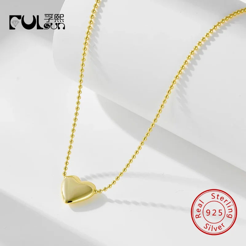 

925 Sterling Silver 14K Gold Plated Smooth 3D Heart Pendant Necklace Women Dainty Minimalist Valentine Love Fine Jewelry