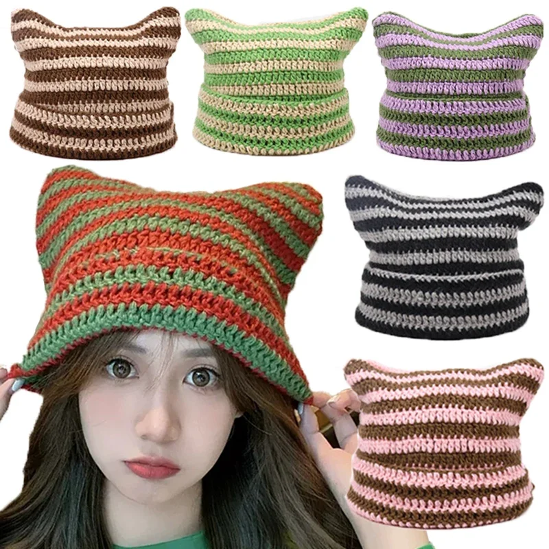 Gothic Beanie Hat Ins Little Devil Striped Knitted Soft Wool Cap Autumn and Winter Cute Cat Ears Pointed Pullover Women's Hats