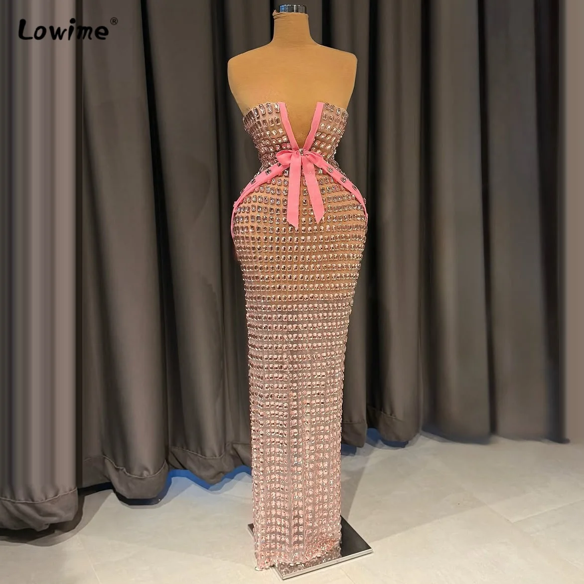 Gorgeous Evening Dress Crystal Mermaid Tulle Dress Pink Bow V-Neck See-Through Long Dress Sexy Party Dress 2025