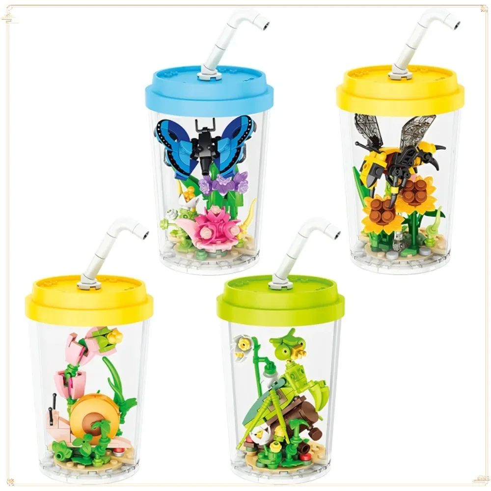 

Insect Building Block Flower Milk Tea Cup Packaging Can Be Opened Children's Puzzle Toys Teachers' Day Christmas Gifts for Kid