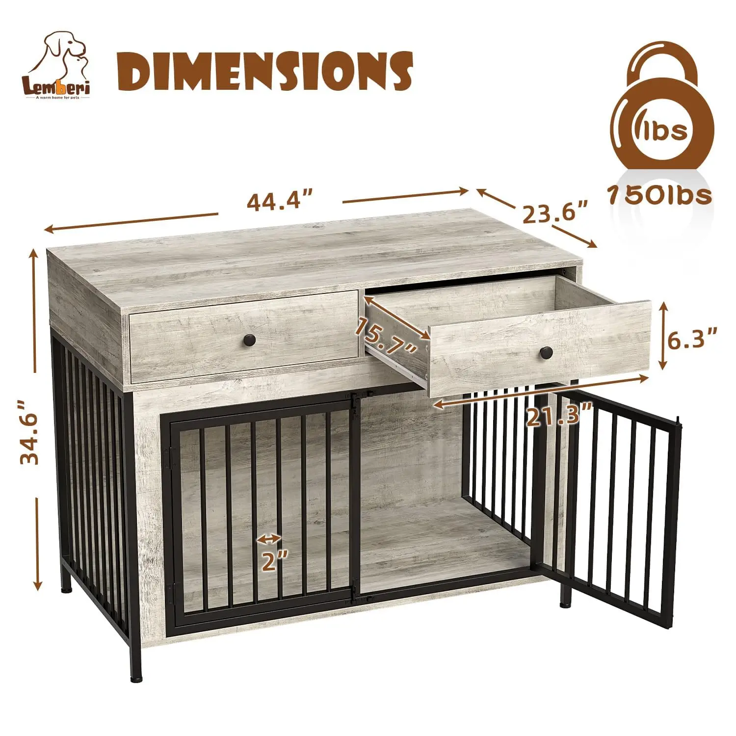 44 Inch Large Dog Crate Furniture with 2 Storage Drawers, Wooden Dog Kennel Furniture as End Table, Decorative Pet Cage
