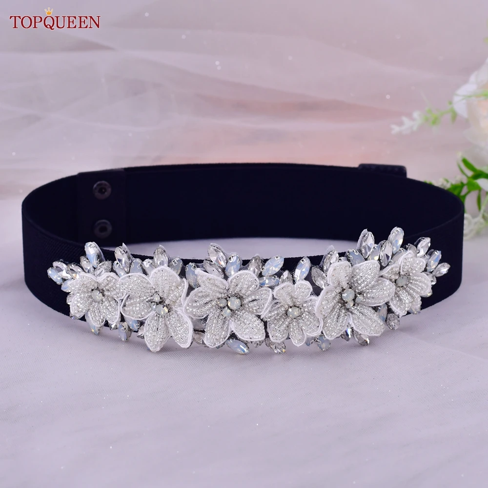 

TOPQUEEN S63-B Beautiful Women Elastic Belt Daily Casual Rhinestones with Flowers Evening Party Dresses Coath Clothes Waistband