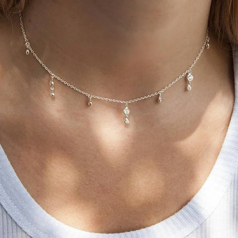 925 Sterling Silver Drop Cz Bead Double Cz Charm Link Choker Necklace Gift for Women Layer Multi Charm Delicate Dainty Jewelry