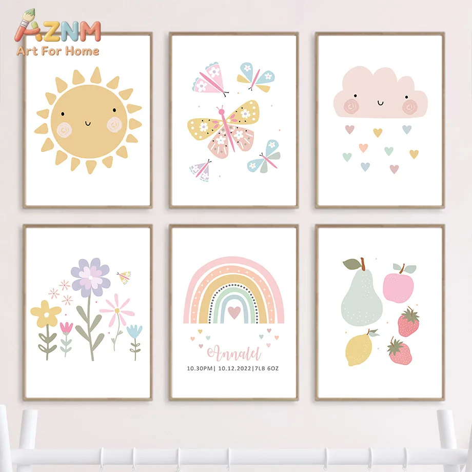 AZNM Pastel Cartoon Sun Butterfly Cloud Rainbow Floral Fruit Canvas Print Custom Name Baby Birth Info Cute Wall Poster Unframed
