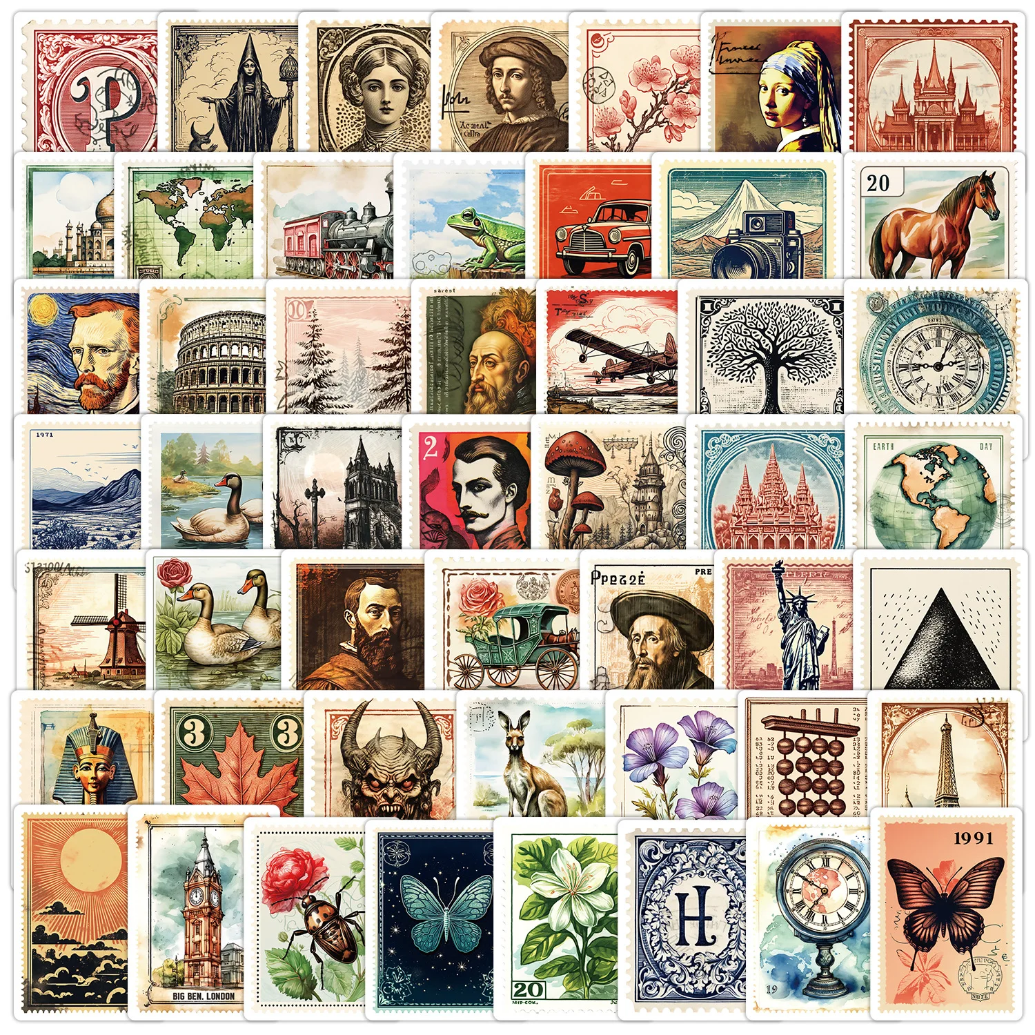 

50Pcs Personalized Vintage Stamp Series Stickers Suitcase Phone Case Water Bottle Waterproof Decoration Diy Sticker Packs