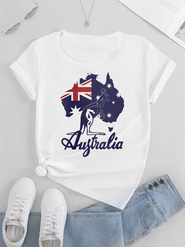 المرأة Y2K نمط اليوم الاسترالي تي شيرت الكرتون الكنغر وكوالا طباعة لينة جولة الرقبة رداء علوي غير رسمي سهل الرعاية حجم كبير #2