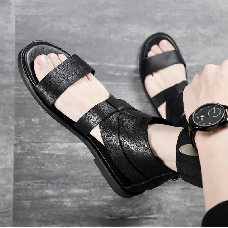 Summer Fashion Black Leather Sandals for Men Platform Romanesque Men\'s Shoes Designer New Casual Outdoor Beach Sandals Male